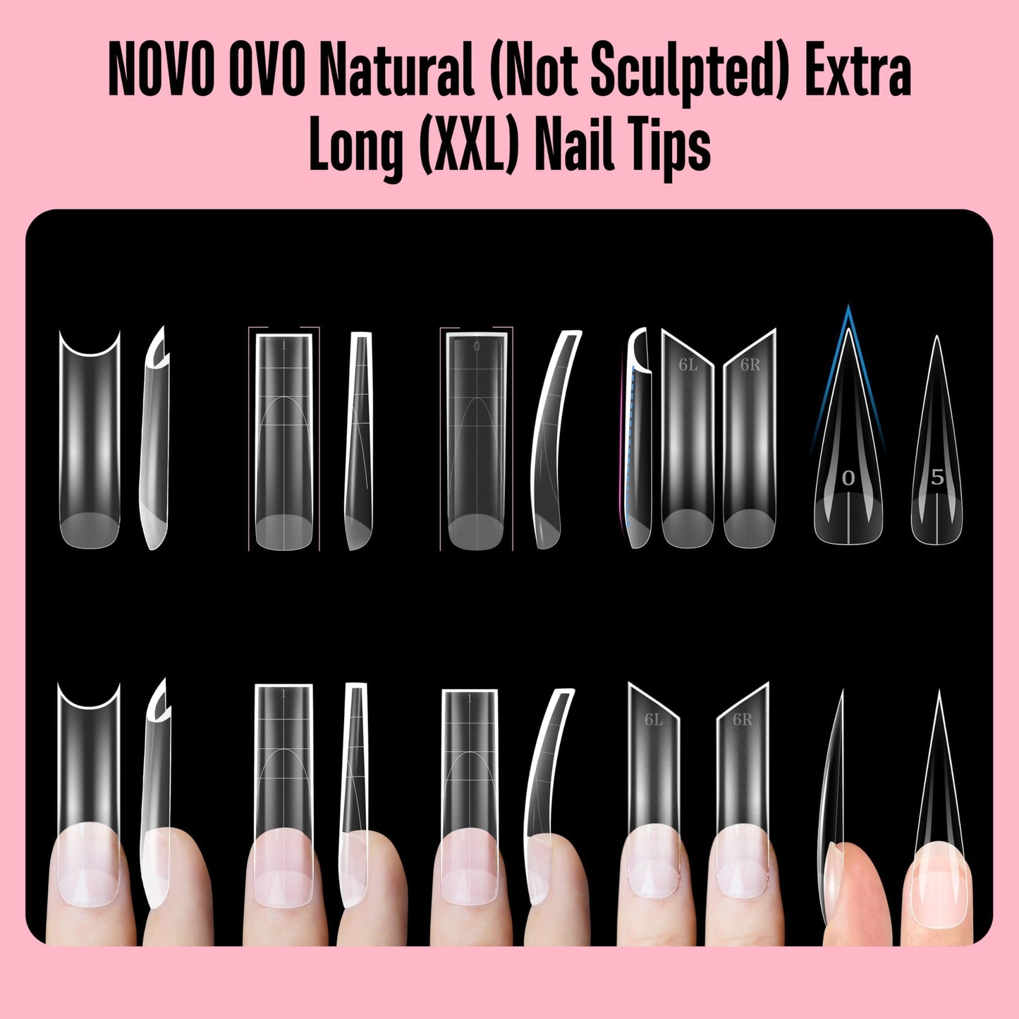 NOVO OVO Halloween XXL Square Nail Tips with Sharp Point & Moon Curve, Extra Thick False Nails Press on, matte Full Cover Soft Gel Extension French Tips Fake Nail Acrylic kit for DIY X 15 Size 180pcs
