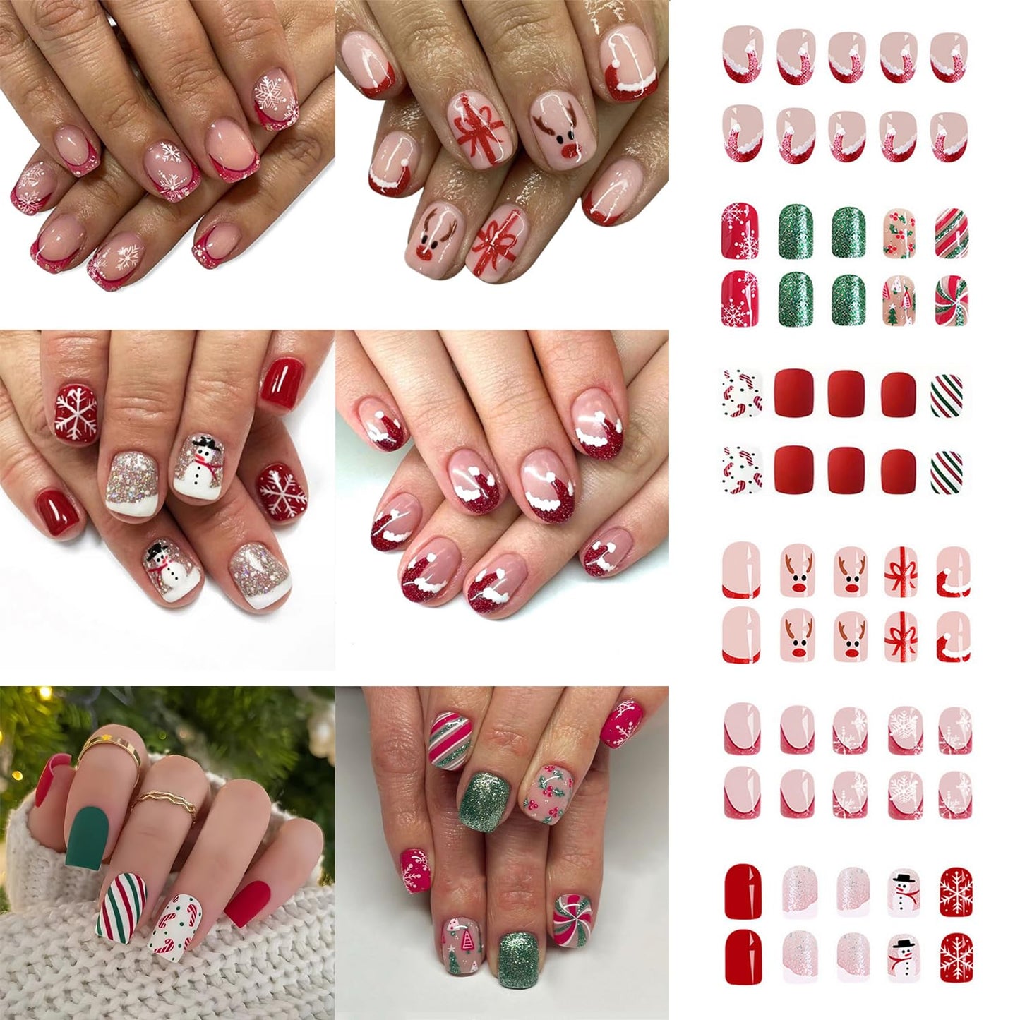 144 Pcs 6 Styles Christmas Press on Nails Kit Short Fake Nails Xmas Tree Snowflake Elk Santa's Hat Designs French Tip Sparkly Acrylic Nails Full Cover Glitter False Nail Set for Women Nail Art DIY
