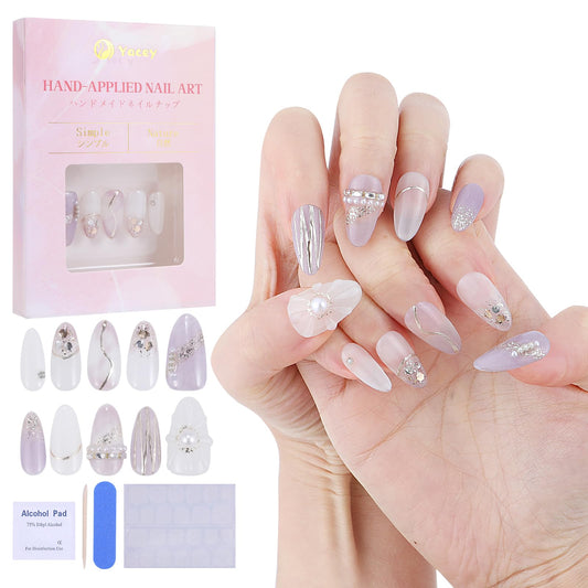 Yacey Handmade Press on Nails Short Almond, Reusable False Nails Press Ons, Purple Thick Acrylic Fake Nails with Silver Line Pearl, 3D Artificial Bling Glossy Glue on Nails for Women Girls (10 Pcs, M)