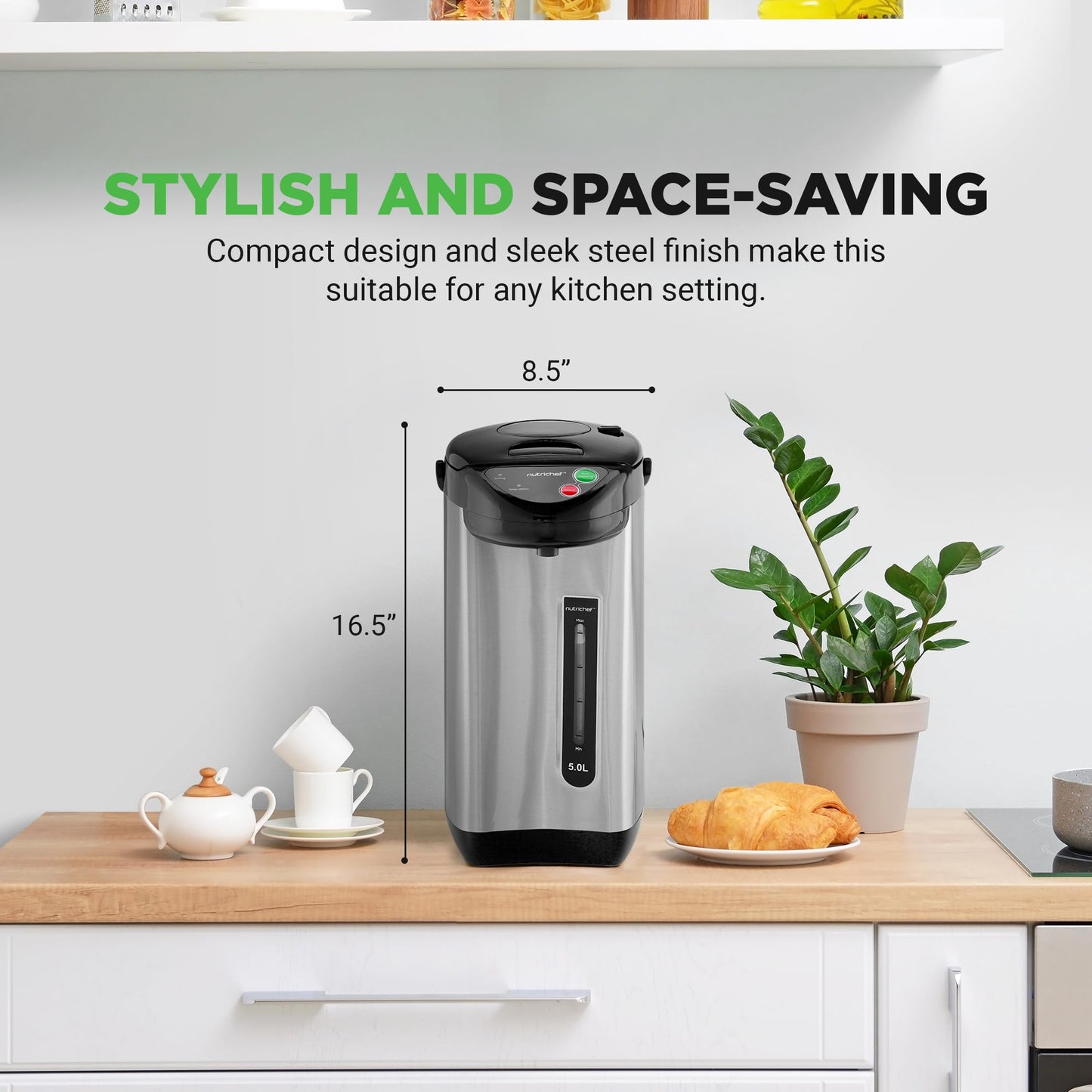NutriChef 5.2 Qt Electric Water Kettle, Quick Heating, 5 Liter Digital Kettle with 5 Temperature Settings, Safety Lock, Stainless Steel, 3 Dispensing Options, Easy to Clean, 8.46" x 11.2" x 16.5"