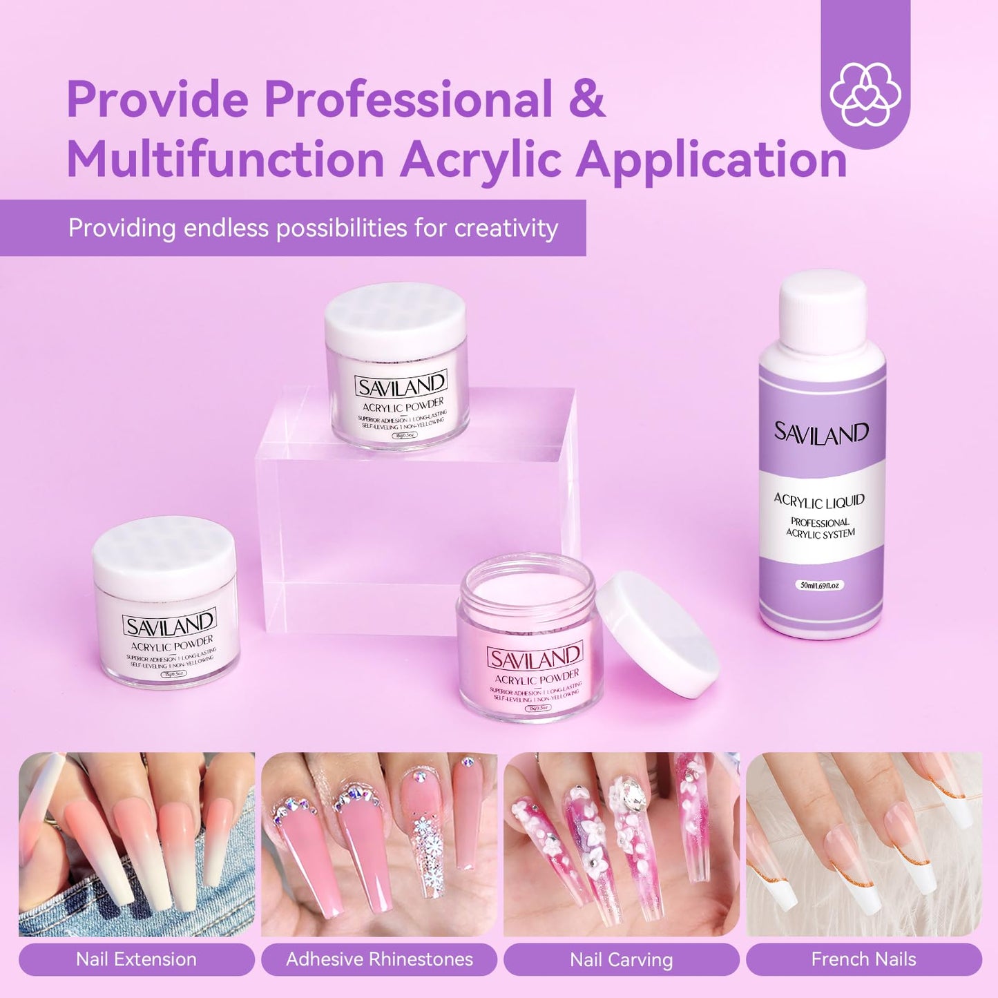 SAVILAND Acrylic Nail Kit with Drill: 15g White Pink Clear Acrylic Powder and Liquid, 100 Forms, Brushes, Primer, Top Gel & Tools – Extension Nail Kit for Beginners with Everything Home Use