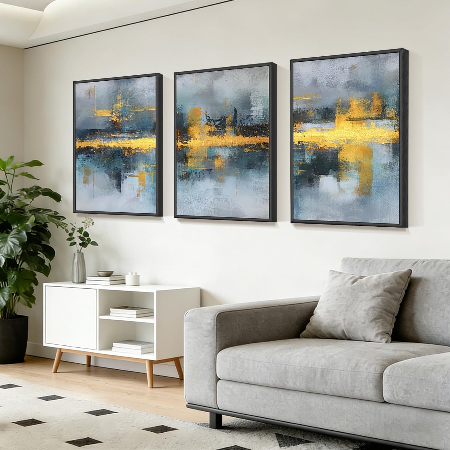 Blue and Gold Abstract Wall Art Set of 3, Modern Framed Canvas Wall Art 16x24 Inch, Luxury Abstract Landscape Wall Painting for Living Room Bedroom Office, Metal Frame Ready to Hang