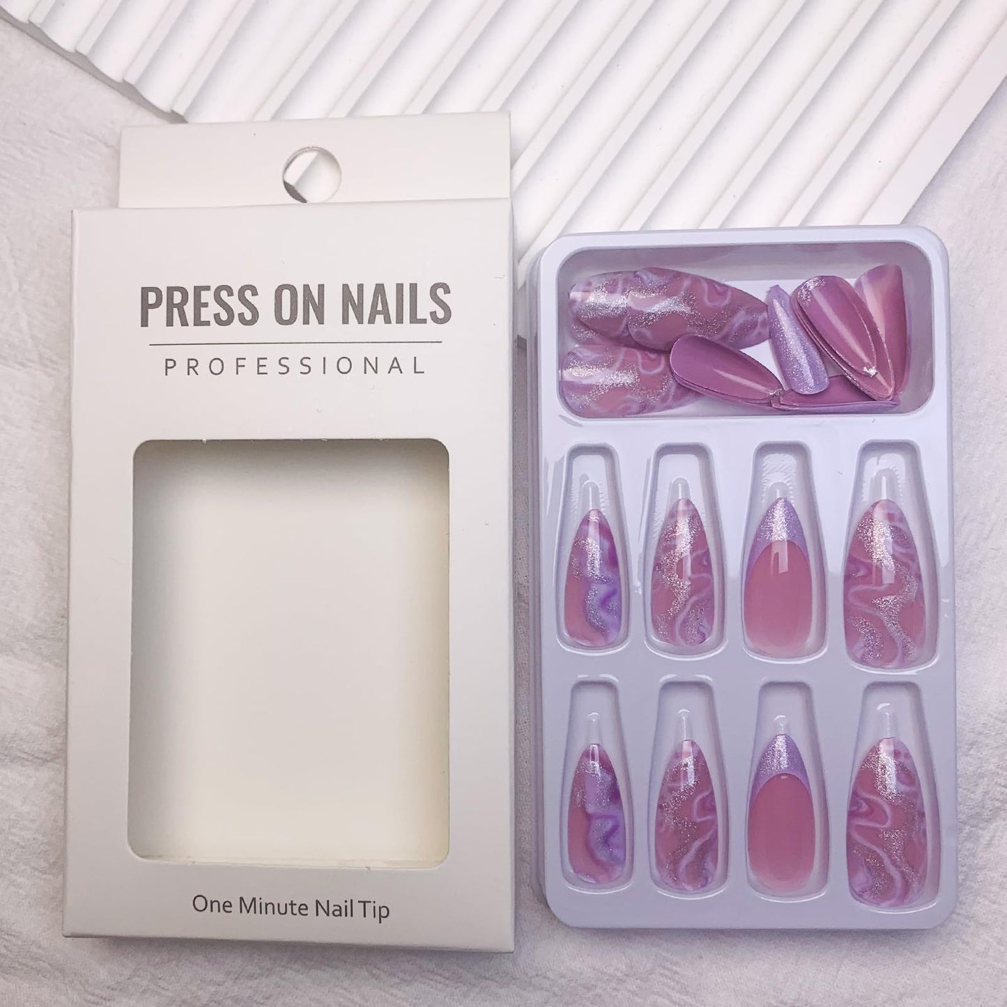 Mave Medium Purple Marble Glitter Acrylic False Nails - Shiny Stick On, 24Pcs with French Nails Glossy Finish