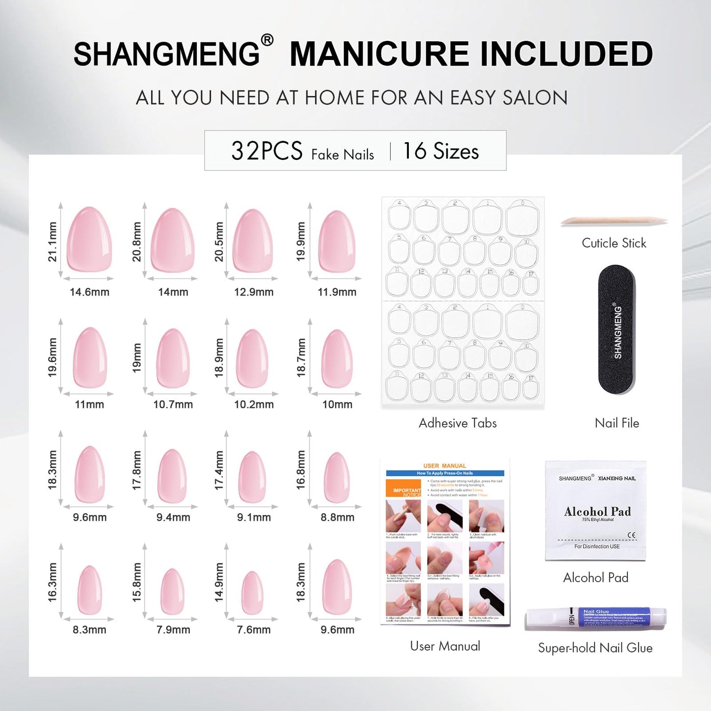 SHANGMENG White French Tip Press on Nails with Gold Line Design - Soft Gel Almond Nails Short for Women, Glossy Glue on Nails with Glue in 16 Sizes - 32 Reusable Fake Nails, Gold Ribbon