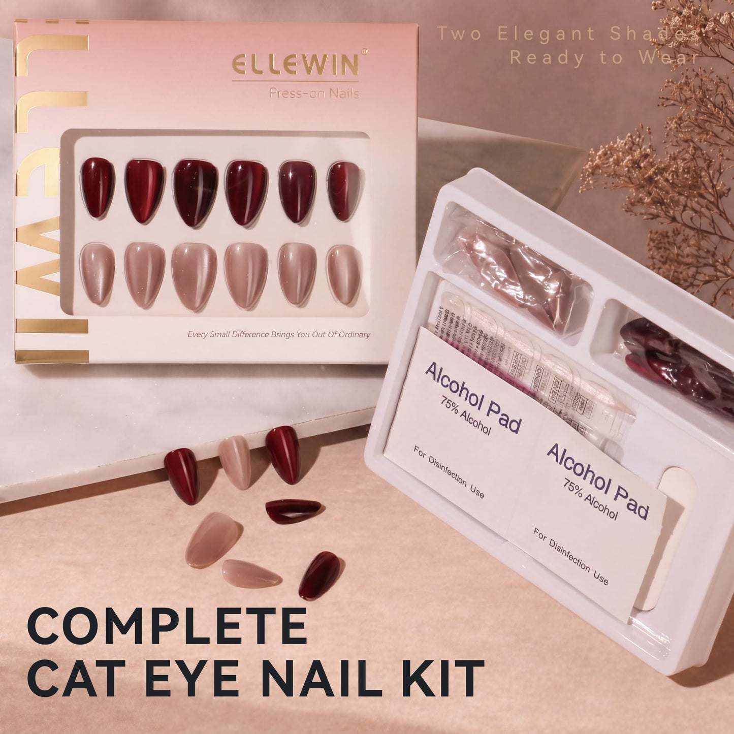 ELLEWIN 60 Pcs Cat Eye Press on Nails Medium Almond - Burgundy & Nude, 15 Sizes Acrylic Glossy Glitter Stick on Nails Set with Glue, Remover & Accessories for Women