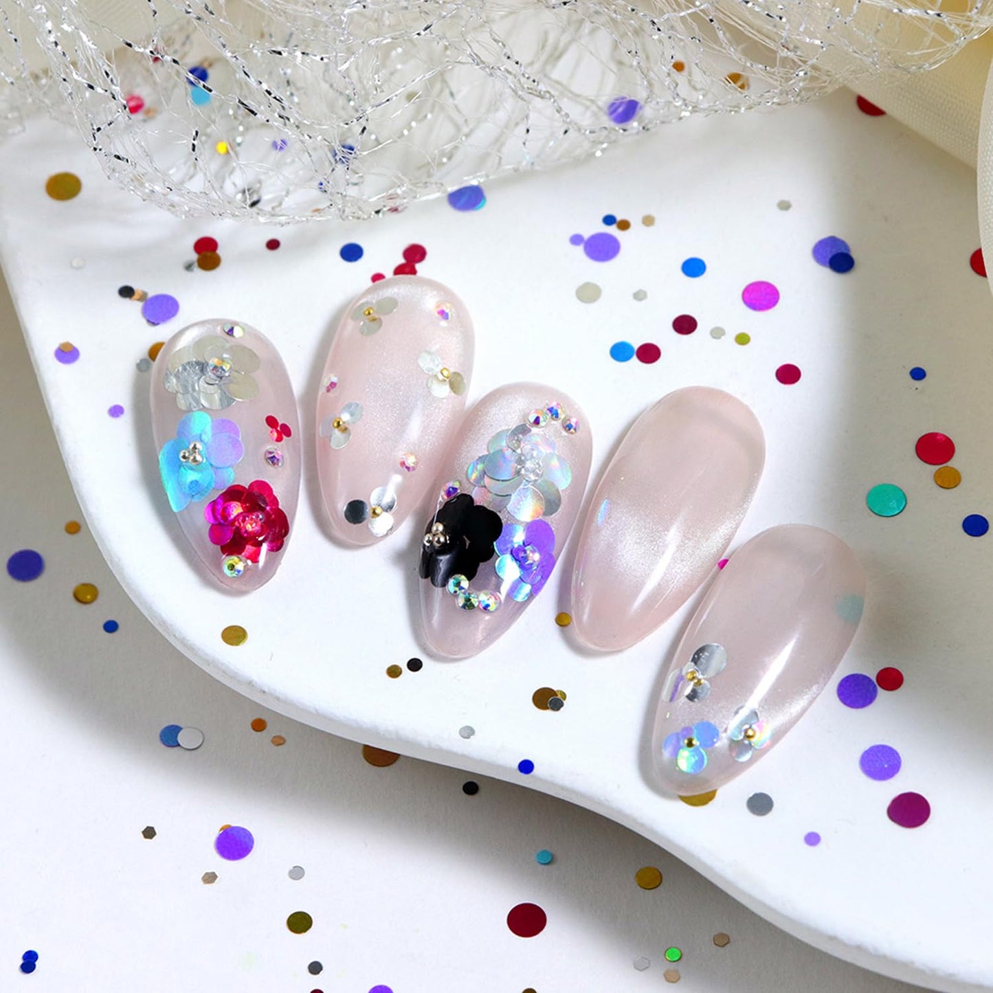 12 Grids Polka Dot Round Sequins Mixed with Colorful Nail Art Glitter Kit - Colorful Round Nail Art Flake Nail Paillette Mixed Rounds Thin Dot Y2K Shiny 3D Nail Stickers for Women DIY Manicure