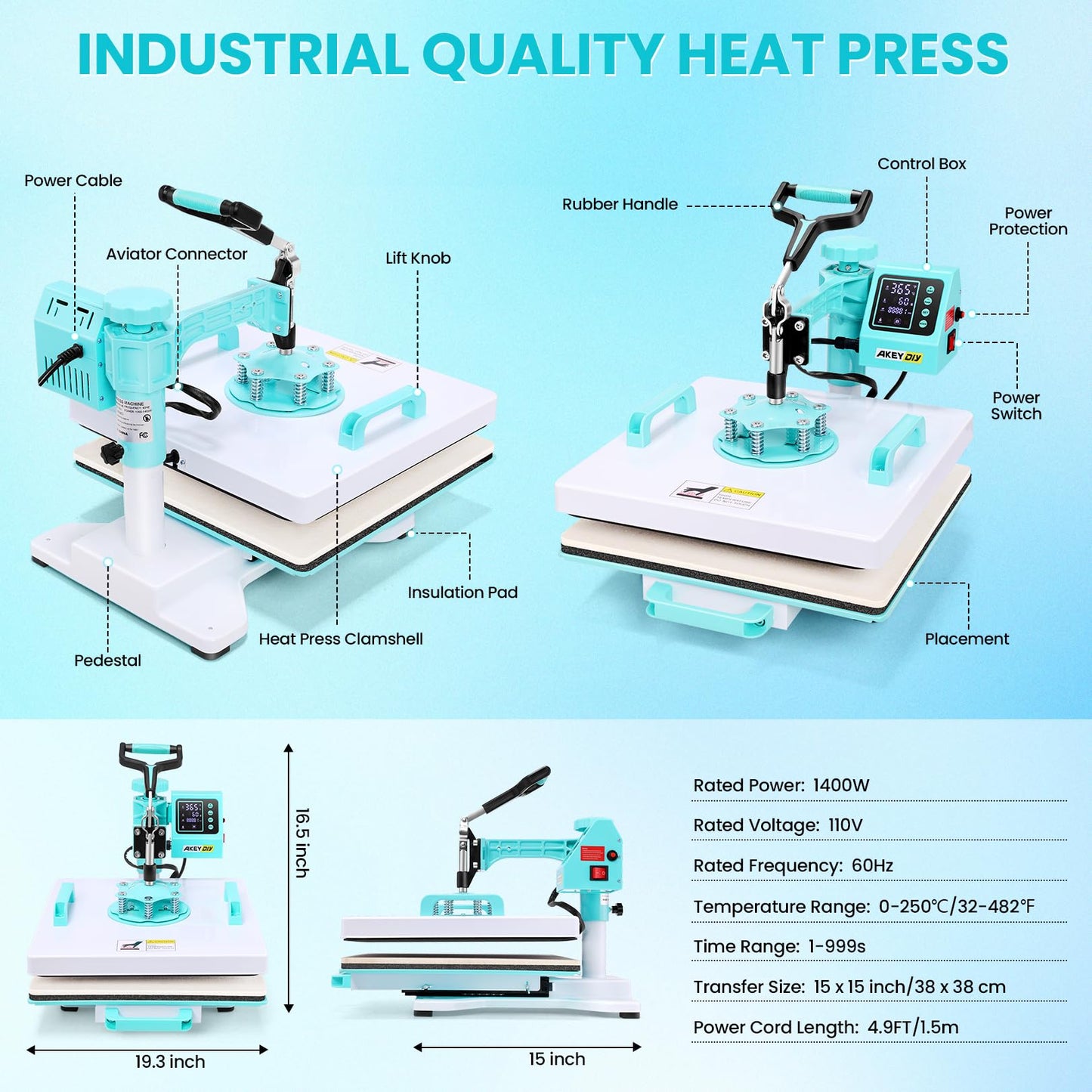 AKEYDIY Heat Press 15x15 inch 5 in 1 with 30OZ Tumbler Press, 360° Swivel Away Slide Out Digital Shirt Press Machine, Industrial Heat Transfer Machine Sublimation for T-Shirt