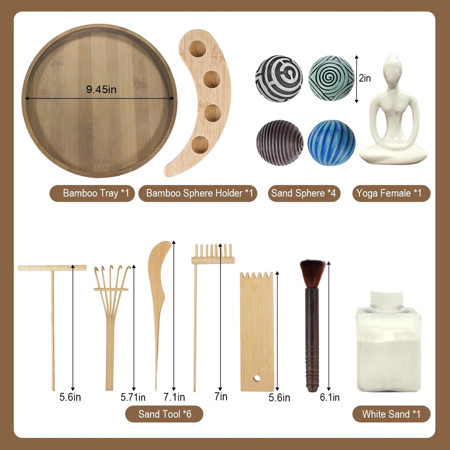 Zen Garden Kit for Desk - Premium Beautiful Japanese Mini Zen Sand Garden Box Gift Set for Home Decor, Office Desk with Large Round Bamboo Tray, White Sands, 4 Sand Spheres & Spheres Holder