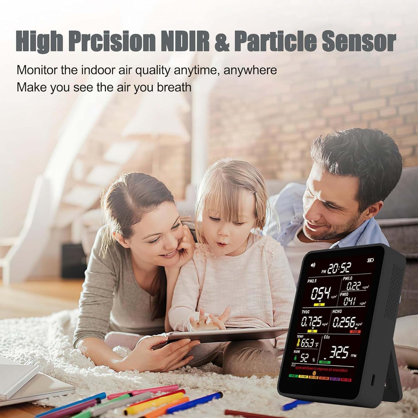 Professional Indoor Air Quality Monitor with AQI, Portable Real-Time Detector for Home Cars Plants and Pets (Taupe Black)
