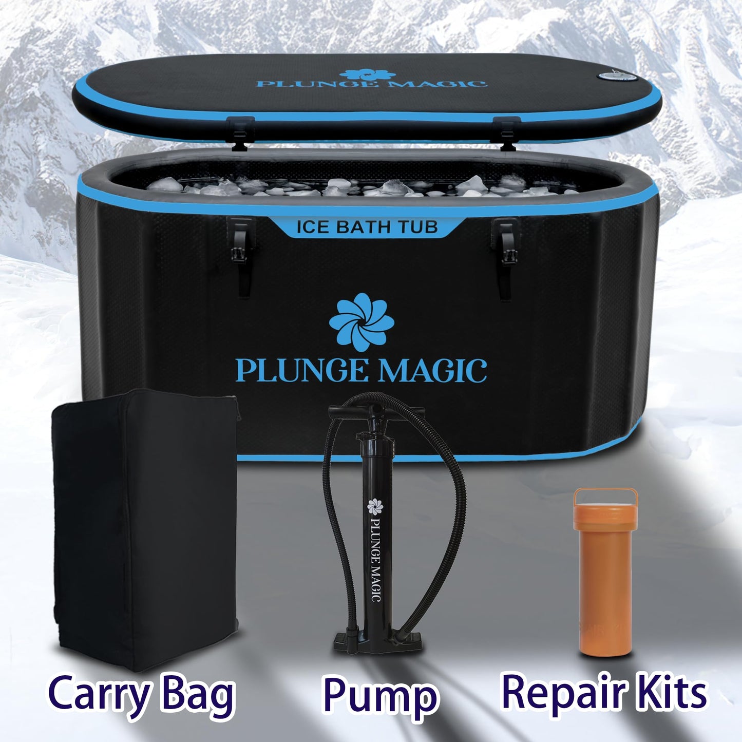 PLUNGE MAGIC Ultimate Cold Plunge Tub Inflatable Ice Bath Tub With Cover for Athletes Portable & XXL Size Black, Water Chiller Compatible (Black-Elongated)