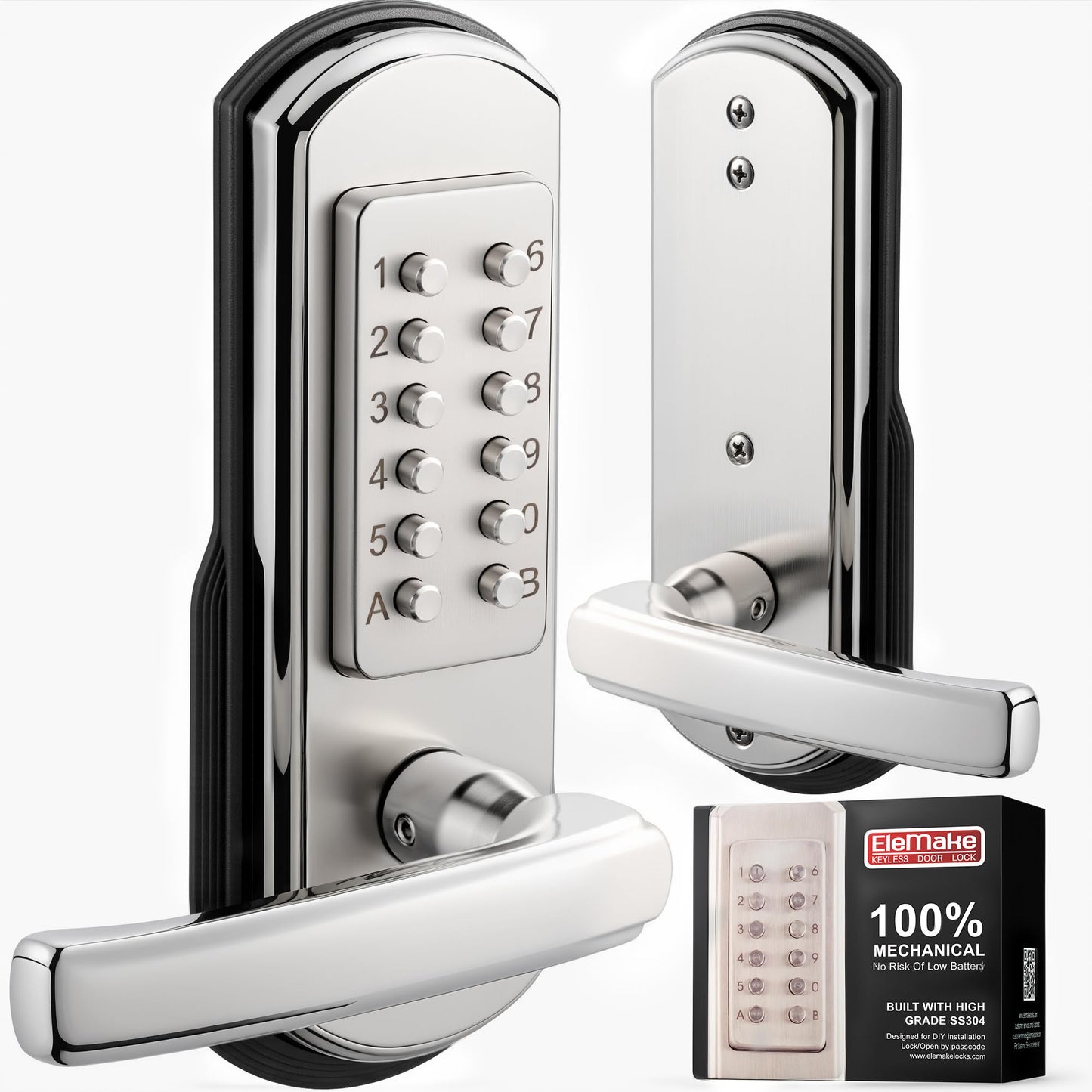 Elemake Left Handed Keyless Door Lock, Mechanical Keypad Door Lock with Handle, Heavy Duty Door Lever Lock Combination Security Digital Code, Stainless Steel 304 (Not Deadbolt)
