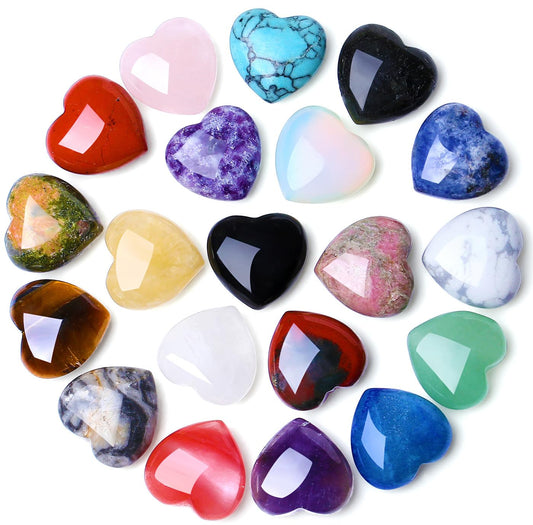 QINJIEJIE 20PCS Thick Heart Crystals Stones Love Shaped Rose Quartz Amethyst Gemstones Pocket Palm Crystal Bulk Wholesale Polished Thumb Stones Set 20 Colors Worry Stone Reiki Energy Bulk Gifts for Women