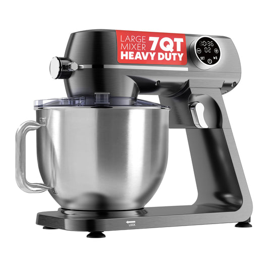 Gourmia Digital Stand Mixer - 7 QT Tilt-Head Kitchen Mixer with LED Timer, 10 Speeds, Stainless Steel Bowl, Attachments Included, 800W, Silver
