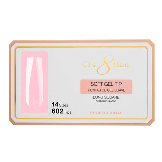 Cre8tion Soft Gel Nail Tips, Long Square Shape, 602 Tips in 14 Sizes (00-9) for Professional Nail Extensions