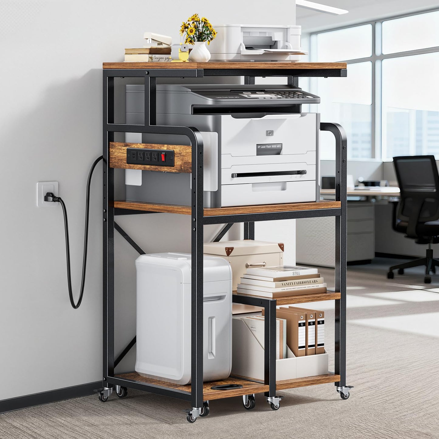 POKIPO Large 4 Tier Printer Stand, 26.7 x 21.2 x 50.2 Inches Tall Printer Cart with Power Outlets 4-Adjustable Heavy Duty Rolling Shelf for Home Office Kitchen Stand for Paper Shredder Mini Fridge