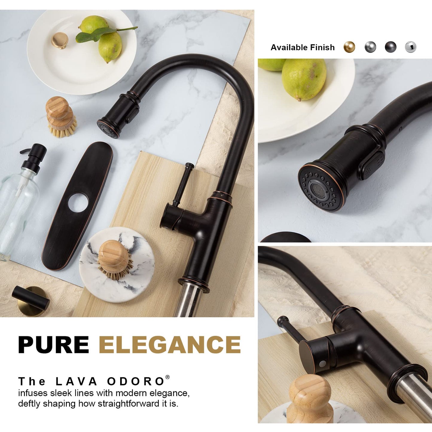 Lava Odoro Oil Rubbed Bronze Kitchen Faucet with Pull Down Sprayer, Single Handle Kitchen Sink Faucet Bronze Faucet for Kitchen Sink 1 Hole and 3 Hole, Deck Plate Included, KF421-ORB