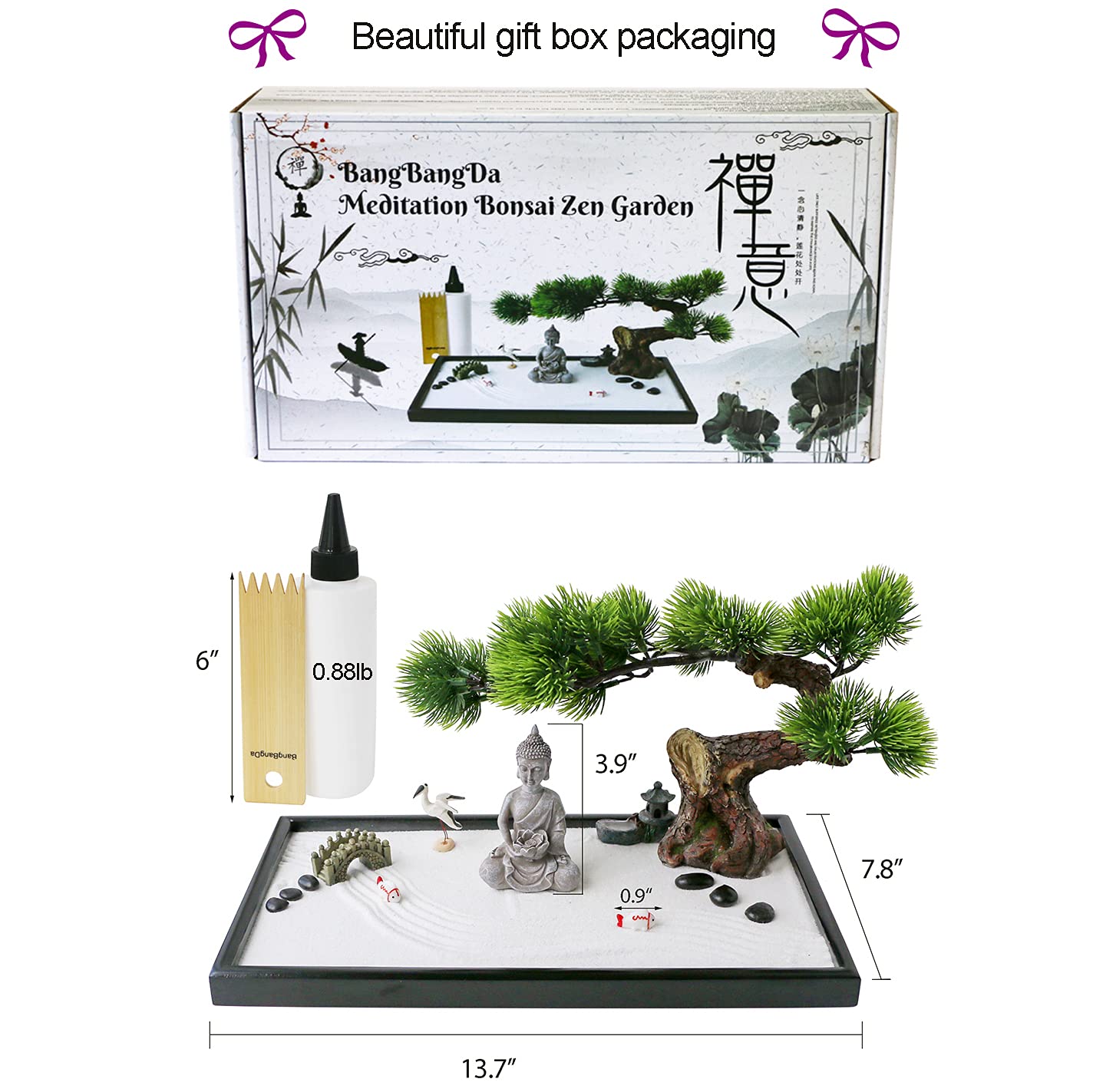BangBangDa Japanese Zen Garden Kit for Desk - Meditation Rock Sand Garden for Birthday Gift Office Home Desktop Relaxation Decor Bamboo Rakes Bonsai Tree Pagoda Accessories Tools Kits