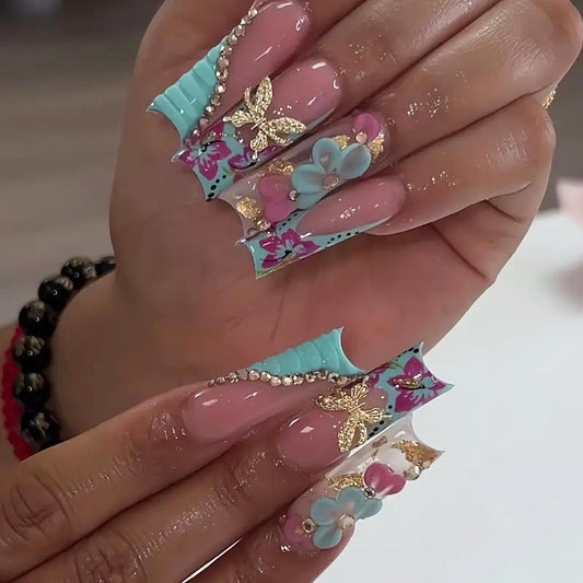 IMRAIN Press on Nails Long Square Fake Nails Blue Purple Flower Acrylic False Nails with Butterfly Rhinestone Designs Glossy Luxury Handmade Glue on Nails