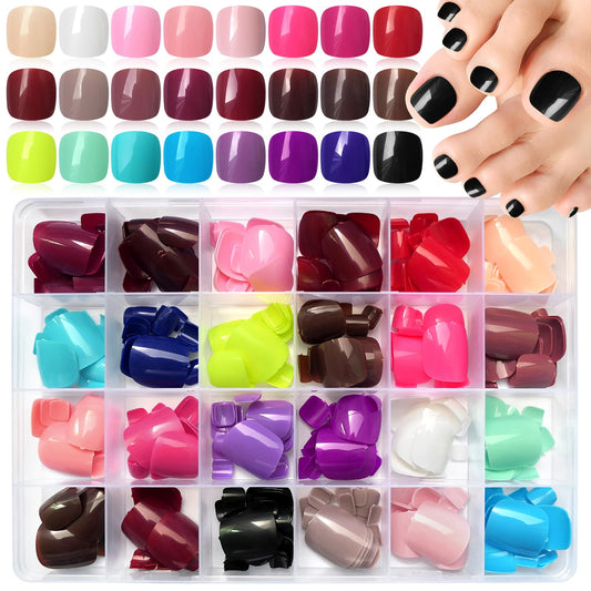 LoveOurHome Press on Toenails Short Square Fake Toenails Colored Toe Press on Nails Gel Glossy False Toe Nails Press on Toe Nails 576pc Presson Toenail with Glue Adhesive Tabs for Women Girls