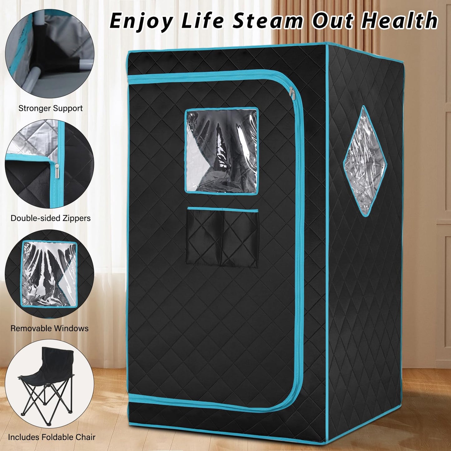 iDOTODO Full Size Portable Steam Saunas for Home Spa, Full Body Sauna Tent for Relaxation, 1500W & 4L Sauna Steamer Machine, Remote Control, Foldable Chair (Black)