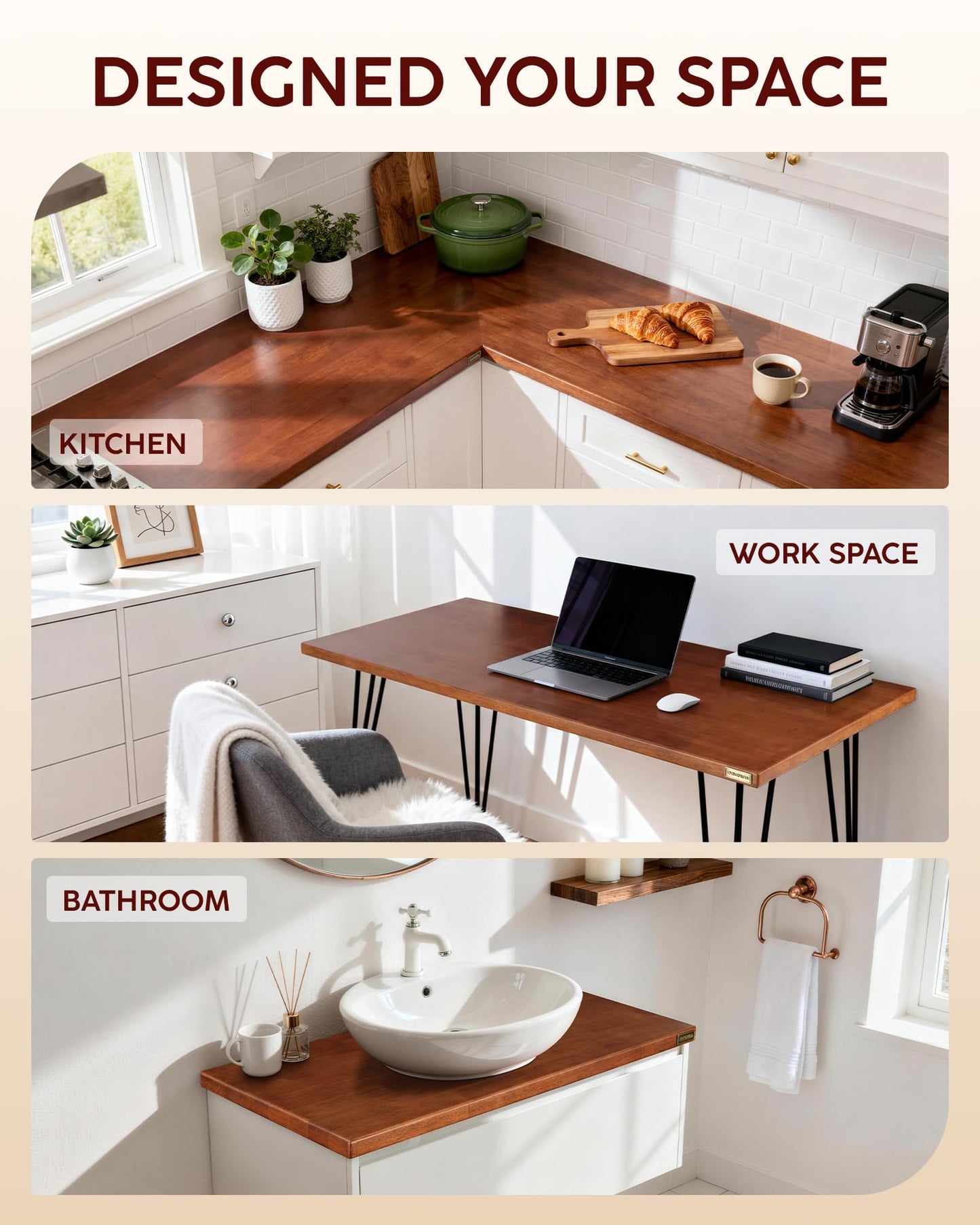 Butcher Block Countertop Kit, 48" Unfinished & 36 Walnut Stained Hevea Wood Table Top DIY Cut for Kitchen Island, Cutting Board, Washer Dryer Countertop, Living and Dining Room Table