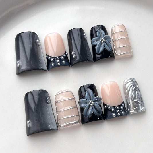 French Tip Press on Nails Handmade Short Duck 3D Flower Thick Acrylic Nails Black Sparkly False Nails with Pearls Silver Chrome Powder Designs Glossy Fake Nail Sturdy Art Press on Nail 10Pcs(S)