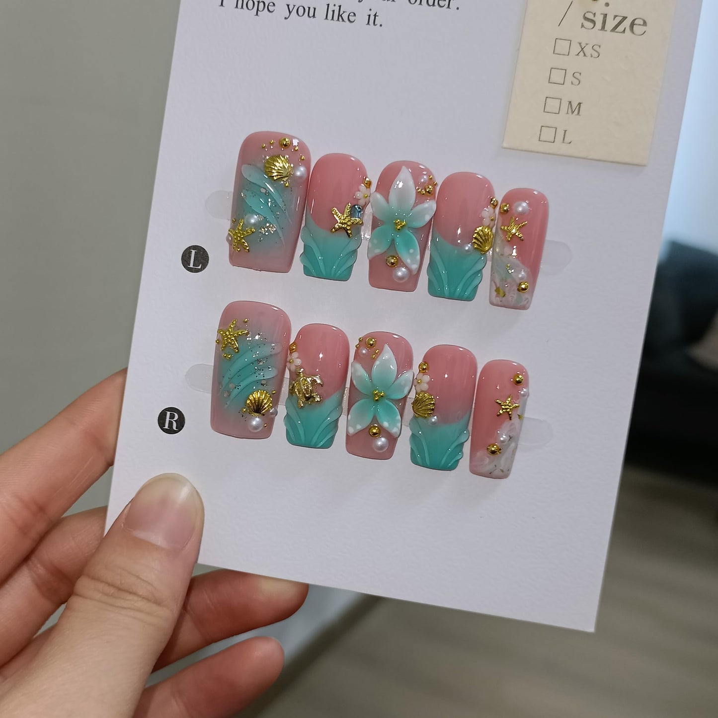 TENPAL Handmade Coffin Press on Nails Medium- Emerald Green Blushing Ombre Fake Nails with 3D Starfish & Shell Design, Coastal Elegance Style Glossy Acrylic Flowers False Nails with Tools(S)