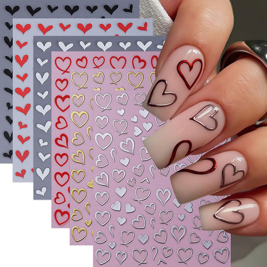 6 Sheets Heart Nail Stickers 3D Self-Adhesive Hearts Nail Decals Love Hollow Peach Heart Shaped French Nail Design Valentine French Sticker Nail Supplies for Women Valentine Holiday Nail Decoration