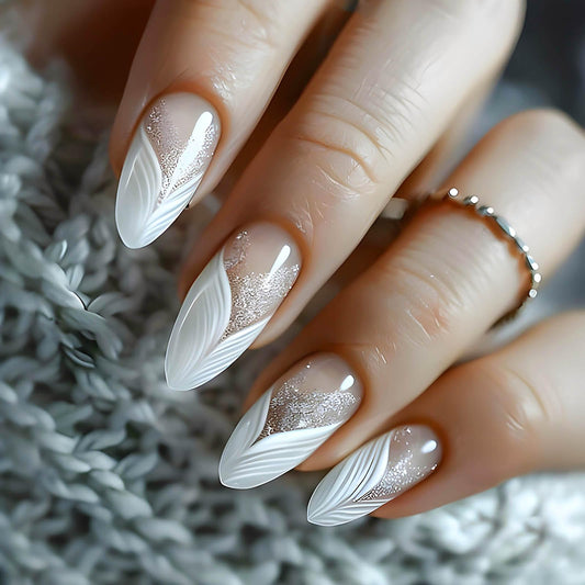 RUOKEXIN Almond Press on Nails White French Tip Fake Nails Medium False Nails with Silver Glitter Designs Almond Nail Press ons Nude Full Cover Glue on Nails Cute Stick on Nails for Women 24Pcs