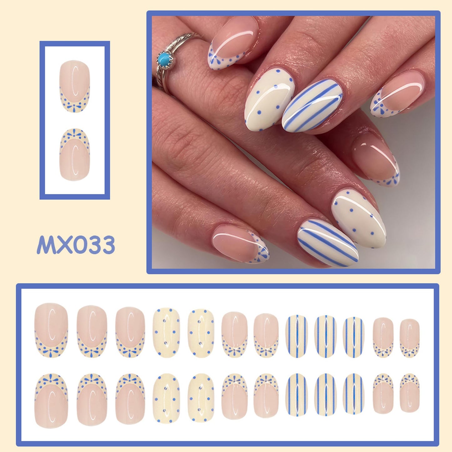 Blue white Press on Nails Short Almond Fake Nails French Tip False Nails with Stripe & Polka Dot Design Glossy Reusable Artificial Acrylic Glue on Nails Full Press Ons for Women Manicure Decor 24Pcs