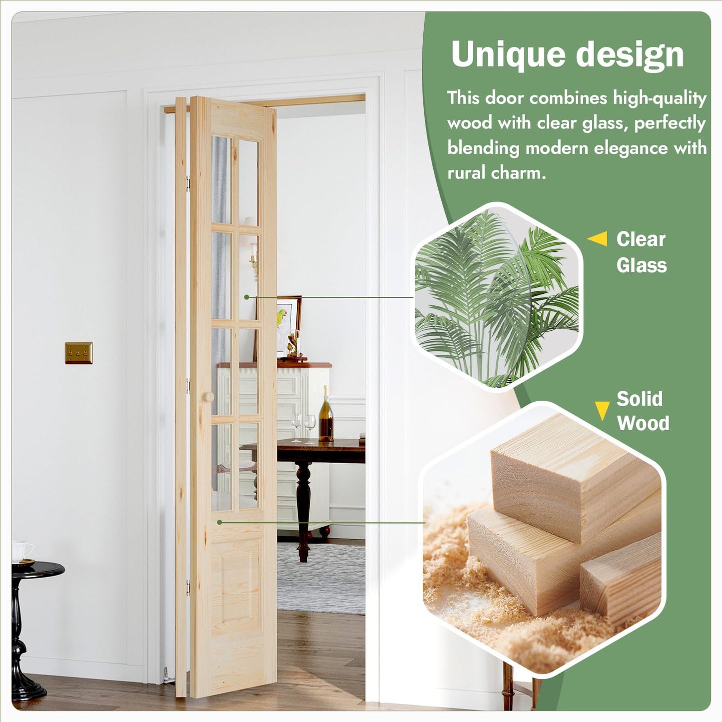 Roymelo Bifold Doors for 32"×80" Opening, Clear Glass French Interior Folding Barn Door with Concealed Hardware Kit Included, Spruce Wood Support DIY Dyeing, Preassembled Door, Save Space