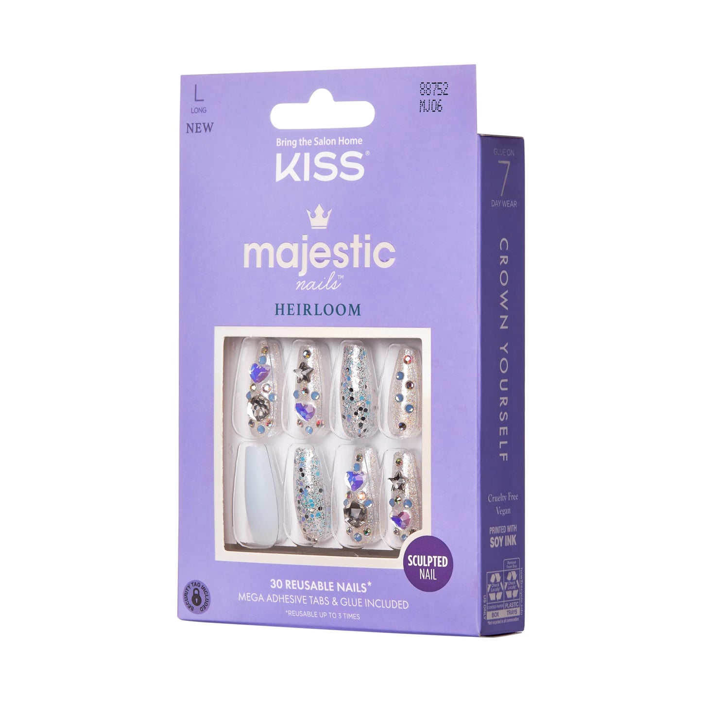 KISS Majestic Press On Nails, Nail glue included, 'Your Grace', Light Blue, Long Size, Coffin Shape, Includes 30 Nails, 2g glue, 2 Prep Pads, 2 of 24 Adhesive tabs, 2 manicure sticks, Mini file