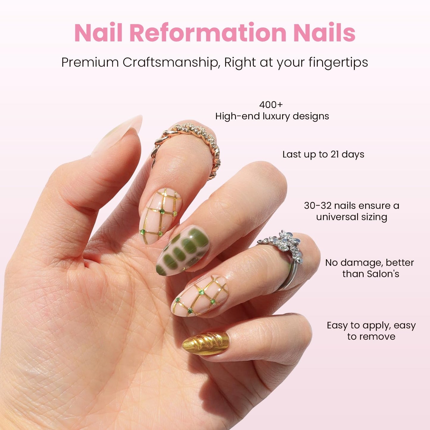 Nail Reformation Press On Nails, Treasure Lines | Short Almond Fake Nails in Jade Green with Jewel Gold Accents in Glossy Finish, Reusable Stick On Nails in 16 Sizes - 32 Nail Kit for Women Gifts