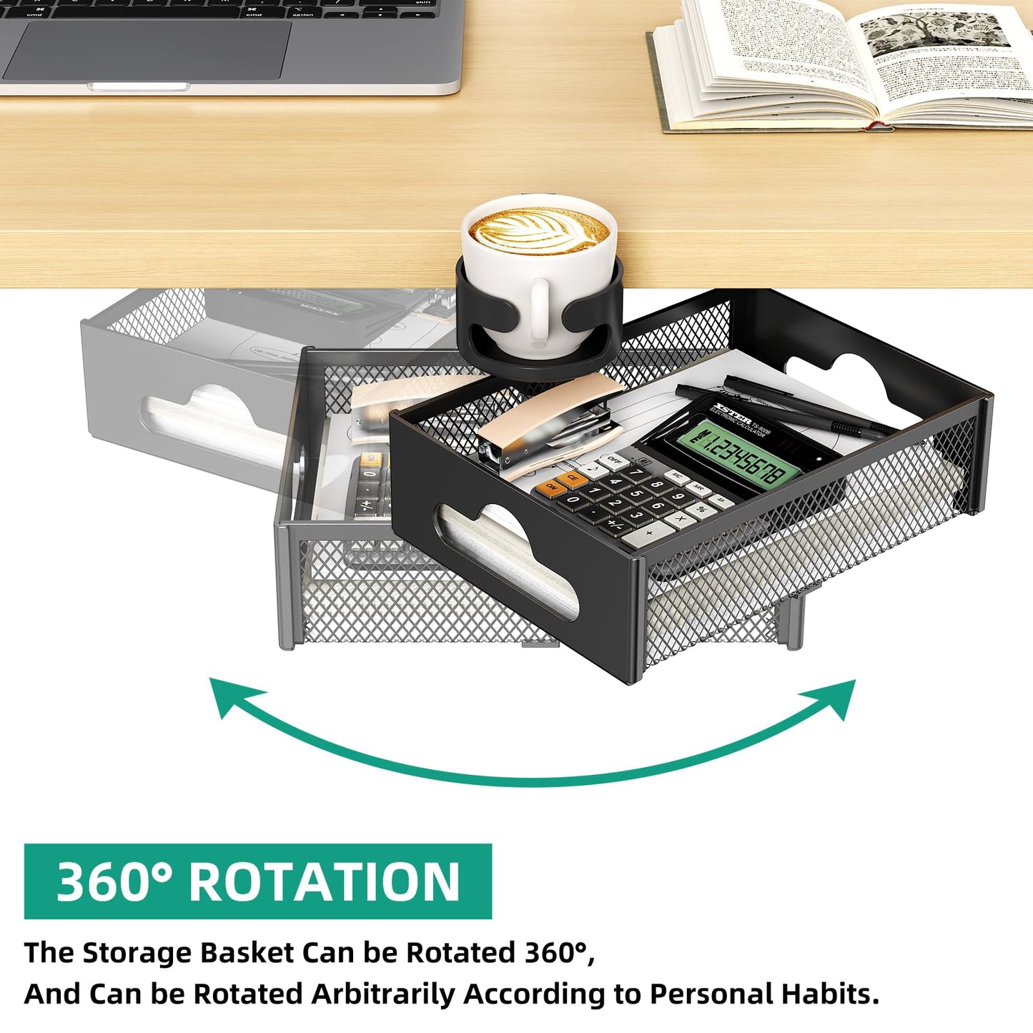 CABTE Desk Cup Holder with Drawer Organizer, Anti-Spill Clip-On Table Cup Hook with 360° Rotation Hidden Storage Box for Office Home Gaming Table (Black)