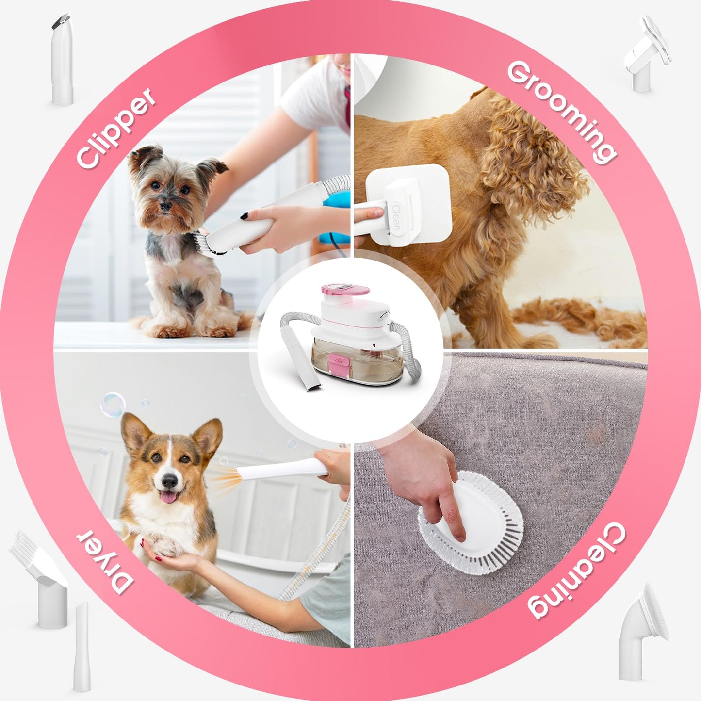 ENERTWIST Pet Grooming Kit - 5-in-1 Dog Hair Vacuum With 4L Large Vac Cup for Shedding, 5 Tools, Suction 99% Fur Hair, Quiet for Dogs, Cats and Other Animals