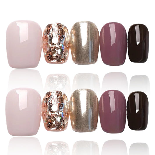 COOLYOUNG 25PC Short Glitter Press On Nails Soft Gel Acrylic Blush Pink Black Mix Reusable Fake Nails