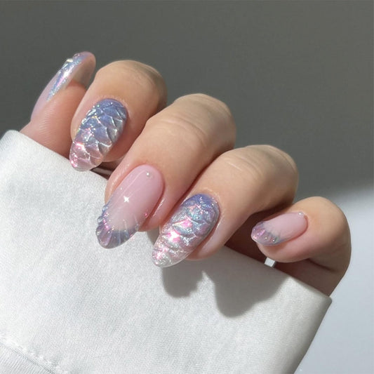 24pcs French Tip Press on Nails Short Almond Fake Nails with 3D Designs Pearl Glue on Nail Blue False Nail Glitter Full Cover Acrylic Nail Stick on Nails for Women Nail Decoration