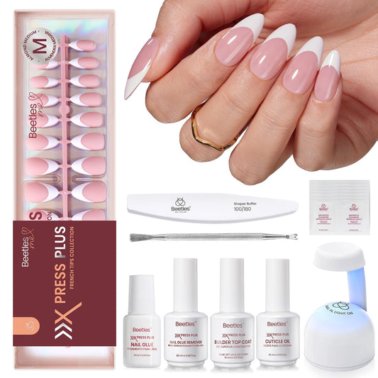 Beetles X Press Plus Gel Nails Kit - Peachy French | Pink Medium Almond French Tip Press On Nails | 210Pcs 15 Sizes All-in-One Kit With Nail Glue,Remover,Builder Top Coat,Nail Lamp Gift For Women