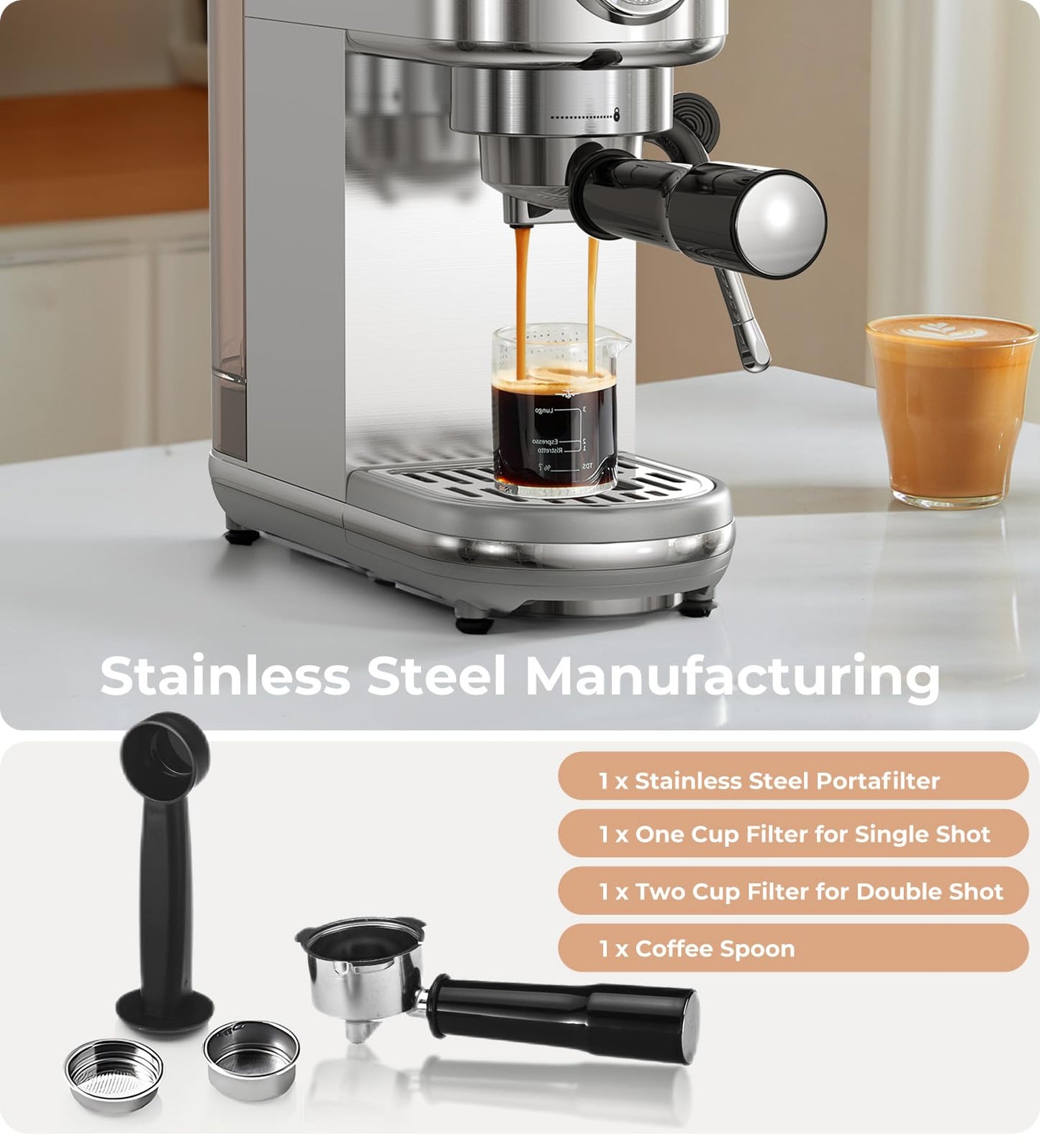 atatix Espresso Machine with Milk Frother, 20 Bar Pressure Espresso Maker, with 44OZ Removable Tank, Compact Stainless Steel Coffee Machine for Home, Office, Latte, Cappuccino, Macchiato, Silver
