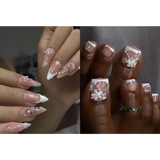 CUZIAM 48pcs 3D Butterfly Press on Nails Toenails Set, Medium Almond Flower Fake Nails & Short Toe Nails with White French Tip Design, Summer Vacation Beach False Toenail with Glue Full Kit for Women