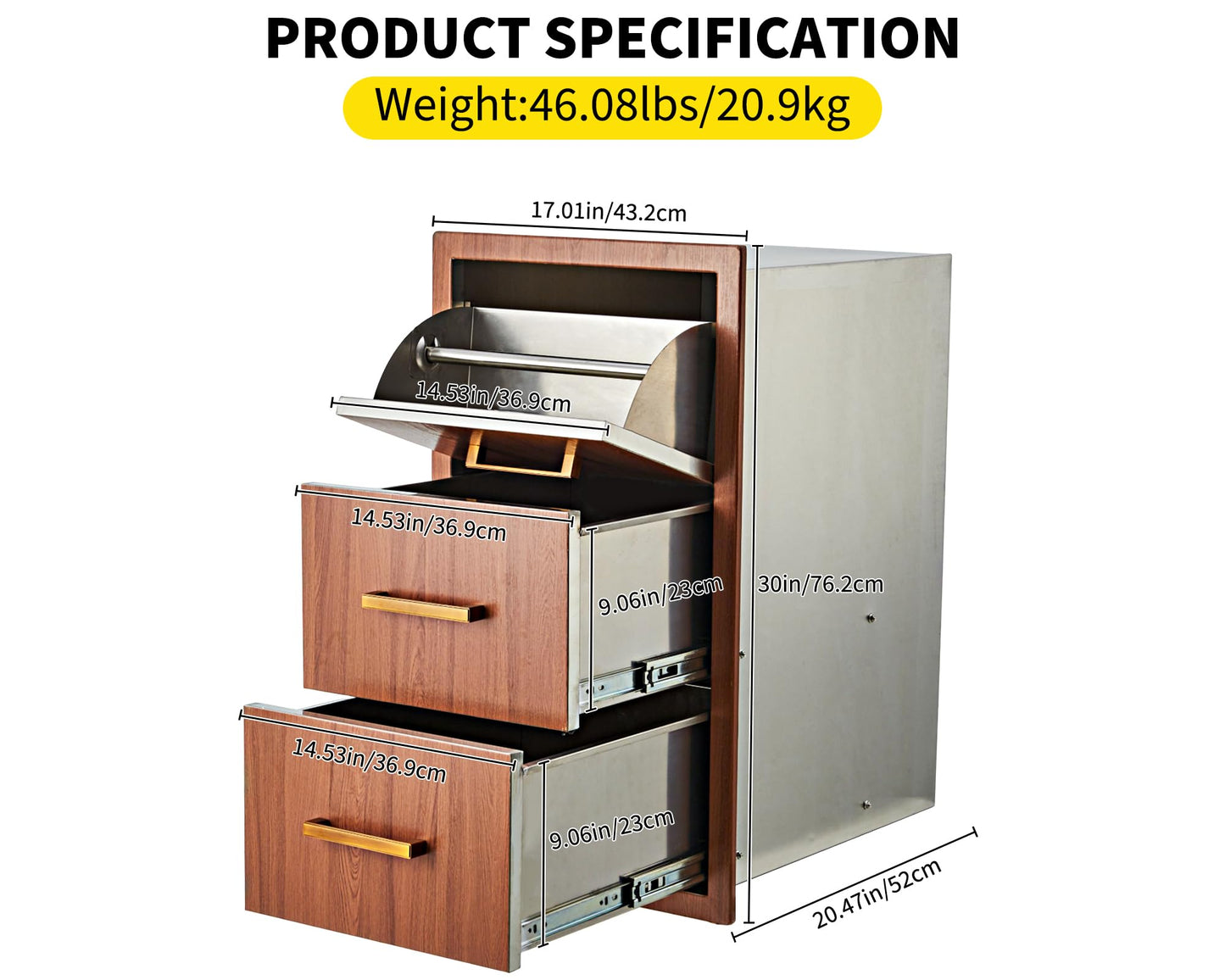 GarveeLife Outdoor Kitchen Drawers, 17" w x 30" h x 21" d Flush Mount Triple Drawers with Paper Towel Rack, 304 Stainless Steel Triple BBQ Drawer for Kitchen Island, Patio Grill Station, Brown Grain