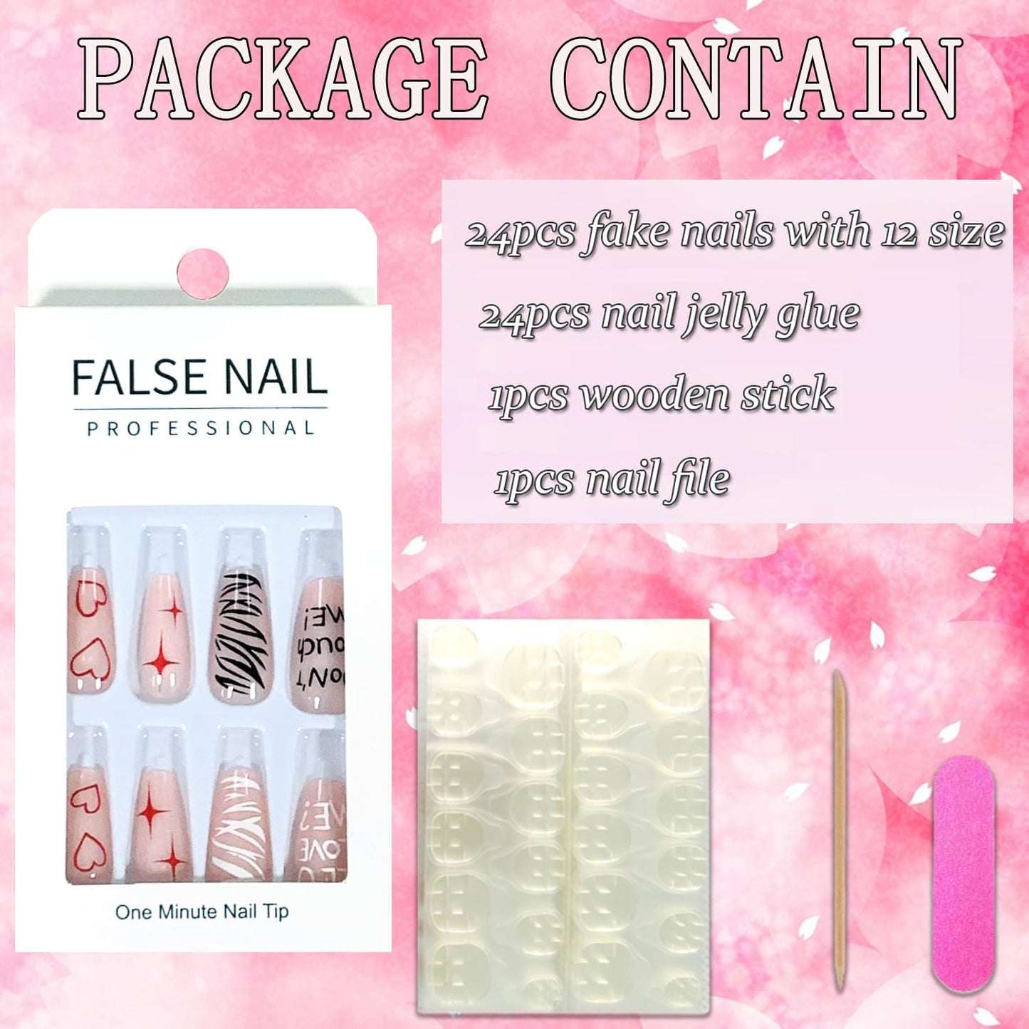 Vezocim Red Heart Press on Nails Medium Coffin Shape 24Pcs Glossy Full Cover Acrylic Square False Nails with Valentine's Day Designs Artificial Fake Nails Glue Stick on Fingernails for Women Girls