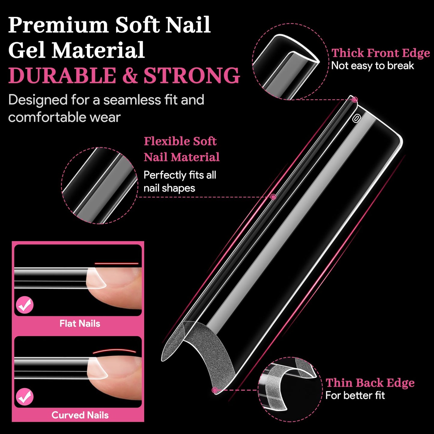 Qiek 480pcs Extra Long Square Half Cover Nail Tips, No-File Pre-Buffed Extension Nail Tip, 12 Sizes Clear Acrylic Press On Tips, Thin Back No C Curve for DIY Nail Extensions & Home Salon Beginners