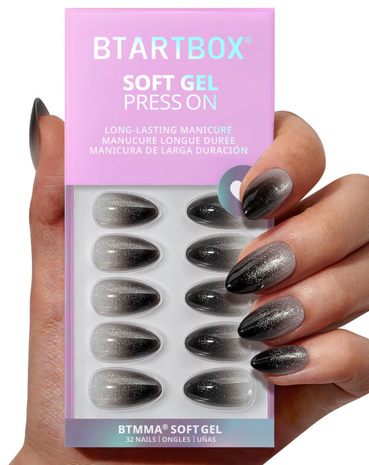 BTArtbox Press On Nails Short - Grave Shine, Sparkle Black Almond Press On Nails with Nail Glue, Soft Gel Glue On Nails in 16 Sizes - 32 Stick On Nails Kit