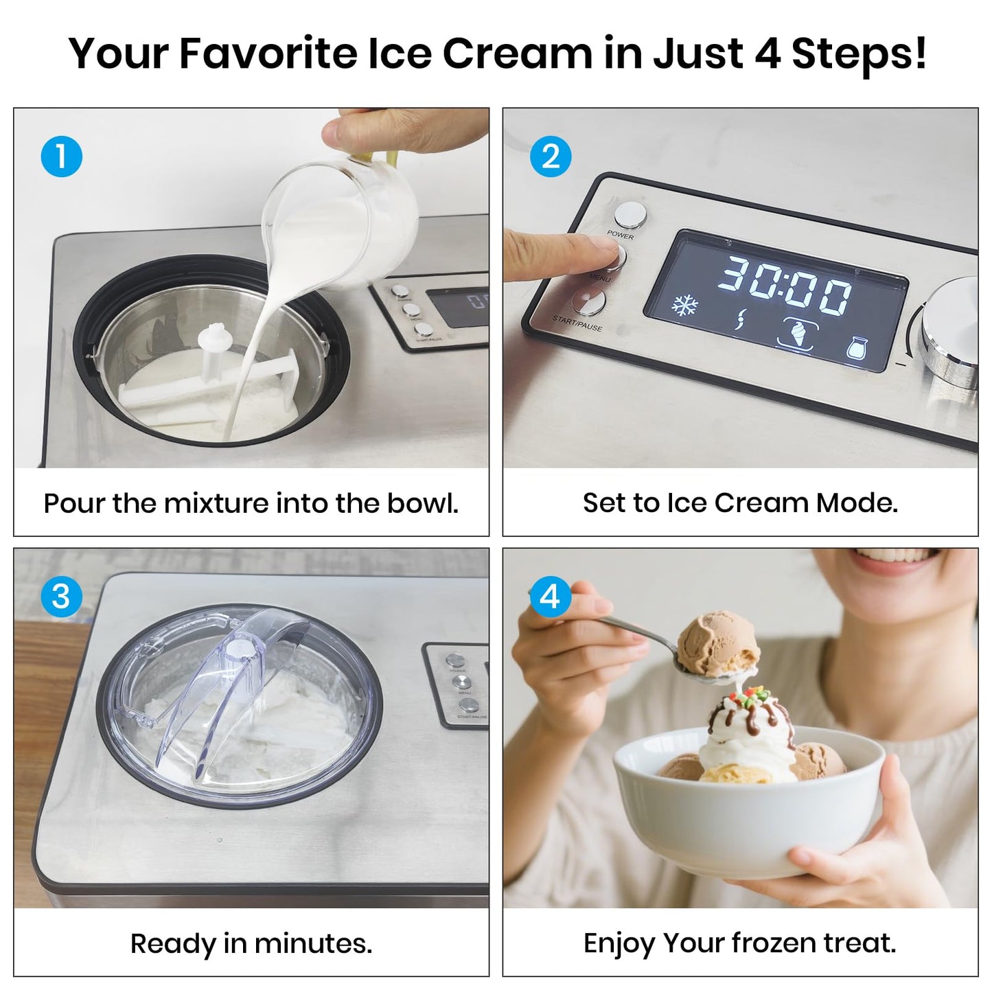 Gasbye Ice Cream Maker with Upgraded Compressor, [40% Faster Freezing], No Pre-Freezing Needed, LED Display, 2.1 Qt Capacity, Easy Operation for Ice Cream & Yogurt, Stainless Steel