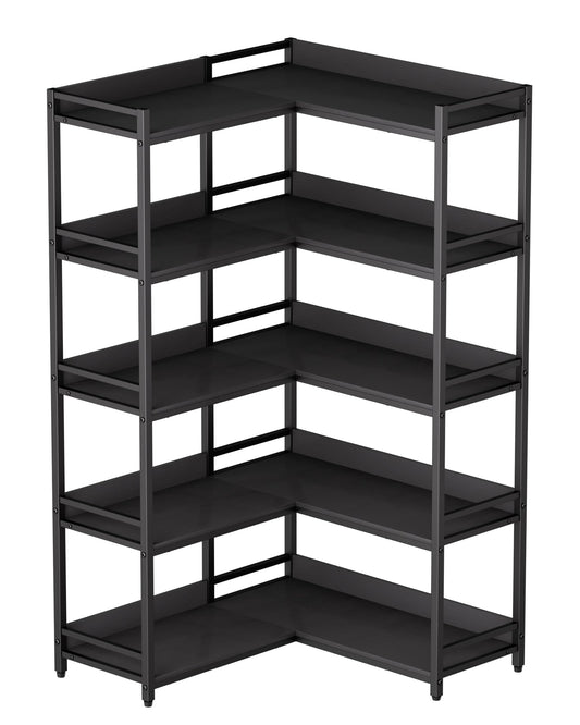 Large 5-Tier Corner Bookshelf - Modern Tall Corner Shelf Storage Display Rack with Sturdy Metal Frame - Perfect for Living Room, Home Office, Books and Decor Display