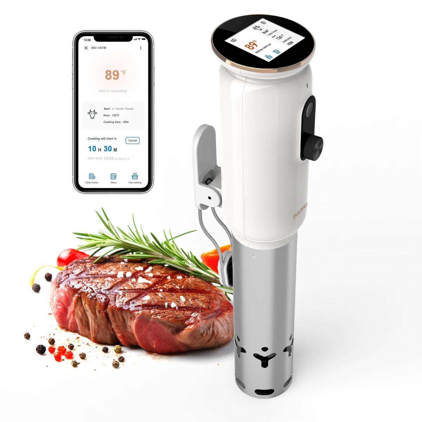 INKBIRD 2.4G WiFi Sous Vide Cooker ISV-101W, 1000 Watts Sous Vide Machine Thermal Immersion Circulators 3D Water Circulation Heating with App Preset and Machine Recipes, Pre-alarm (White)