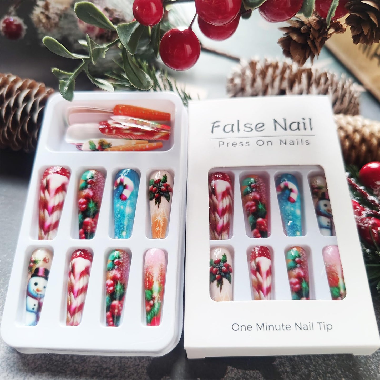 Holly Medium Coffin False Nails Snowman Stick on Fingernails Firework Gel Glue on Nail Christmas Press on Nails 24Pcs Glossy Red Candy Cane Acrylic Fake Nail for Women Xmas Gift