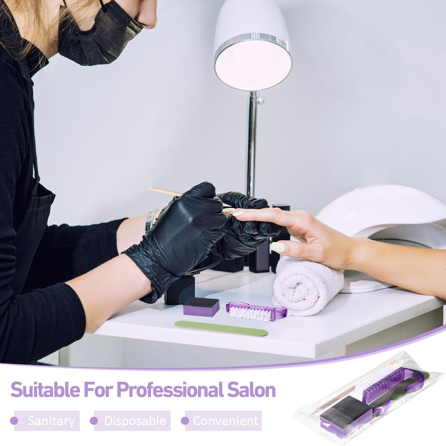 Leriton 100 Sets Mothers Day Professional Disposable Manicure Kit Basics 4 Piece Nail Kit Wood Nail File 100/180 Grit, Mini Buffer 80/100 Grit, Wood Stick and Handle Grip Brush Gifts(Purple)