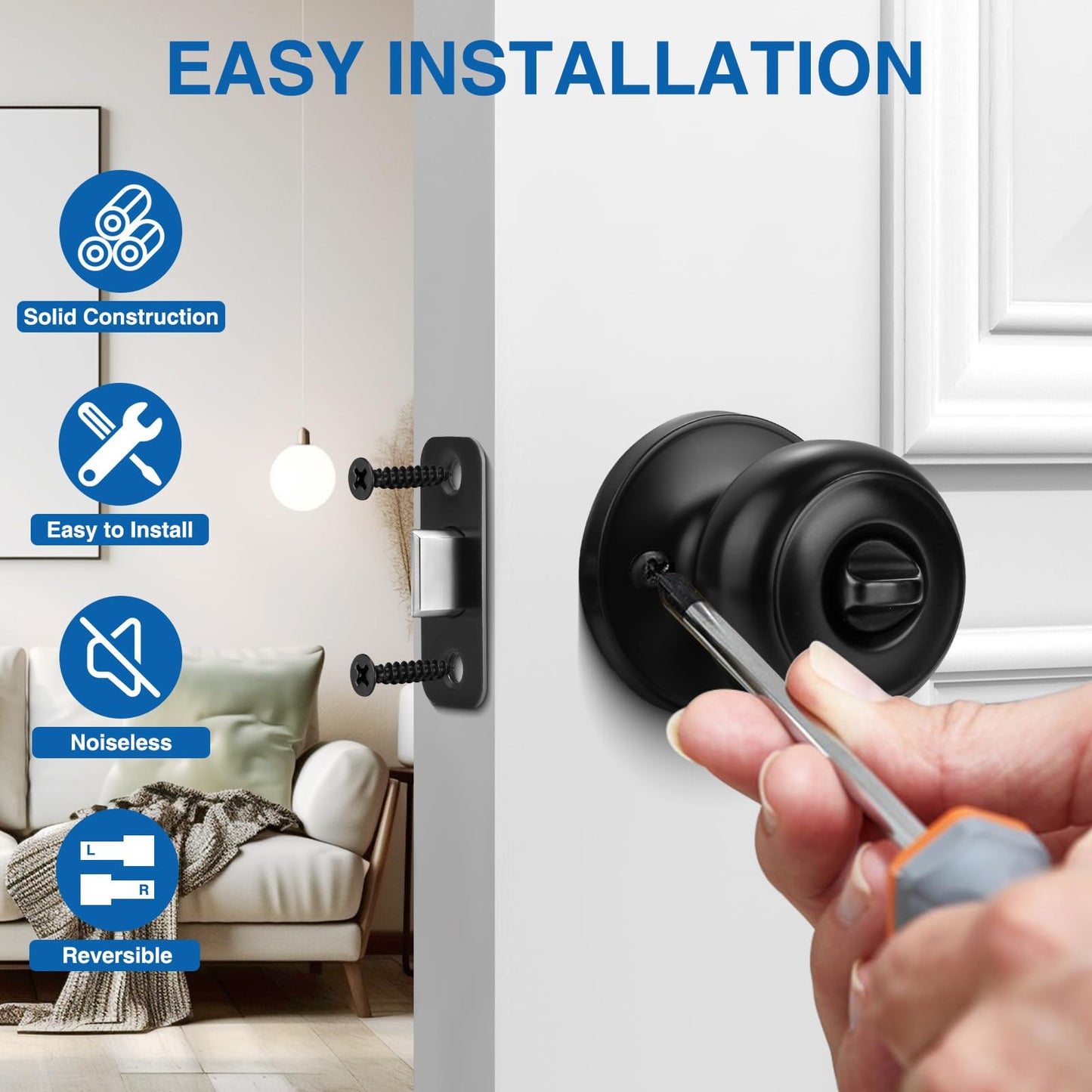 Sopoby Privacy Door Knob, 8 Pack Matte Black Round Keyless Doorknobs Interior/Exterior Lockset, Privacy Locking Door Knobs for Bedroom/Bathroom, Black Modern Design Door Hardware